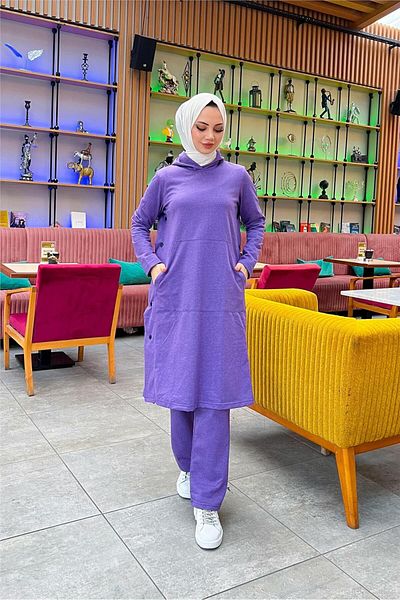 SEVDA Hooded Sports Set with Long Tunic and Trousers - Yandat Snap, Dark Lilac - 03071.207