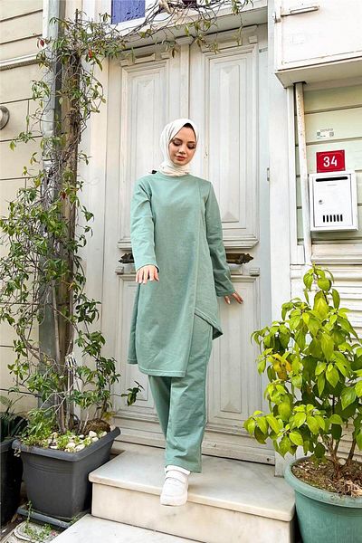 Bwest Green Double Breasted Crew Neck Tunic and Panel Set - 03076.100