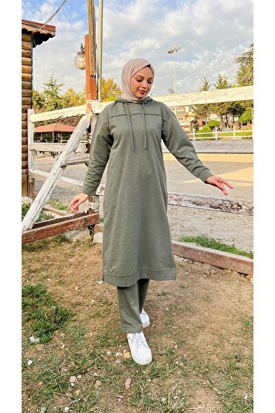 Bwest Long Tunic Hooded Double Sports Suit with Side Slits - 03034.005 - Khaki