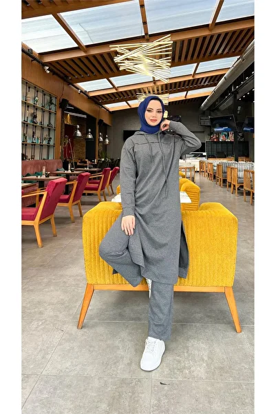 Bwest Long Tunic Hooded Double Sports Suit with Slit on the Side - 03034.017 - Anthracite