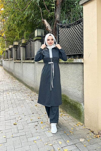 Bwest Hooded Zippered Waist White Laced Plain Basic Double Sports Set - 03074.017 - Anthracite
