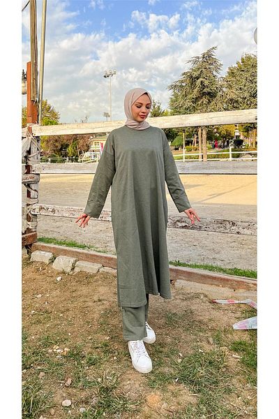 Bwest Khaki Colored O-Neck Slit Long Tunic and Trousers Sports Set - 03040.005
