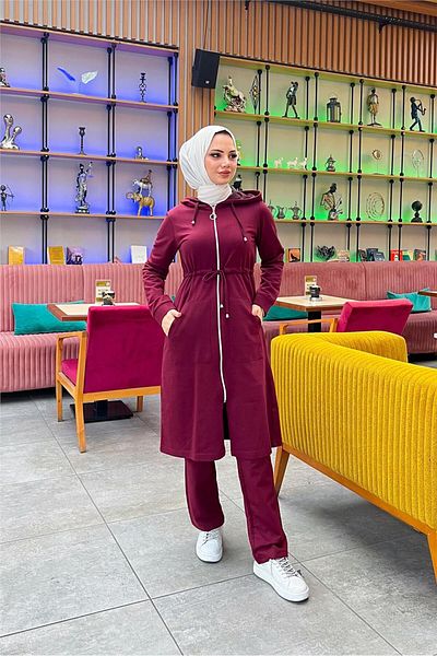 SEVDA Hooded Waist Tied Zippered Simple Basic Long Tunic and Trousers Double Sports Set - 03065.009 -