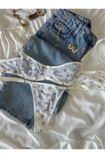 ROZENİN LINGERIE Σετ σουτιέν από τούλι χωρίς καπάκι λιλά καρδιά (ΣΟΥΤΙΕΝ-ΤΑΝΓΚΟ)