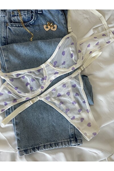 ROZENİN LINGERIE Σετ σουτιέν από τούλι χωρίς καπάκι λιλά καρδιά (ΣΟΥΤΙΕΝ-ΤΑΝΓΚΟ)