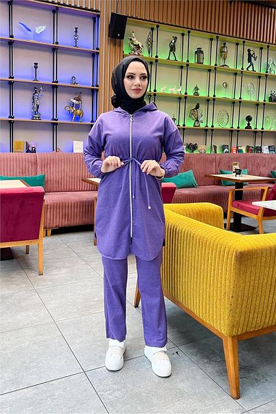SEVDA Dark Lilac Hooded Zippered Basic Double Sports Set - 03070.207