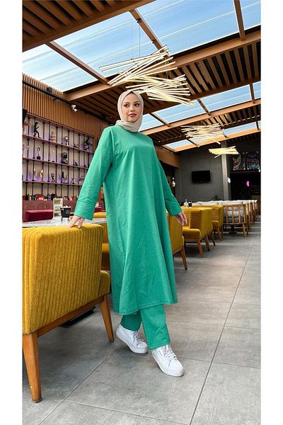 Bwest O Neck Slit Long Wide Comfortable Tunic Trousers Plain Basic Sports Set - 03040.111 - Beneton Green