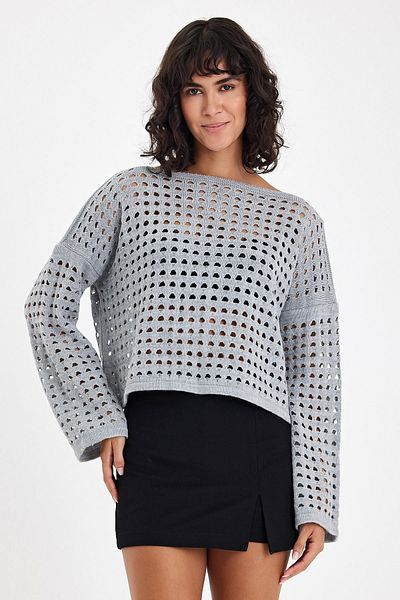 Chiccy Gray Boat Neck Long Sleeve Openwork Casual Crop Knitwear Sweater 50 60