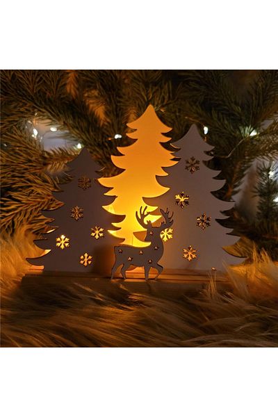 rosfloa rf Nordic Design Illuminated White Christmas Tree with Deer Wooden Coffee Corner Table Decoration