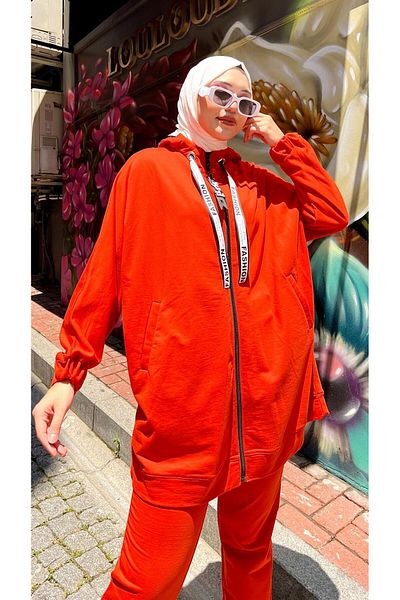 Bwest Orange Double Sports Tracksuit Set - Energy Hood, Zippered with Stripe Detail - 71081.036