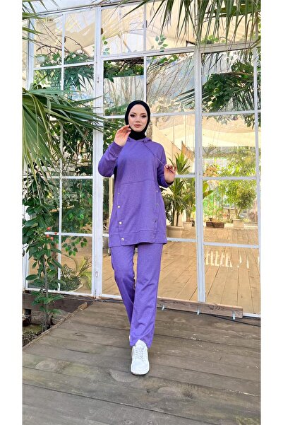 Bwest Kapşonlu Çıtçıt Detaylı Kısa Sweat Pantolon İkili Tesettür Eşofman Takımı - 03079.207 - Koyu Lila