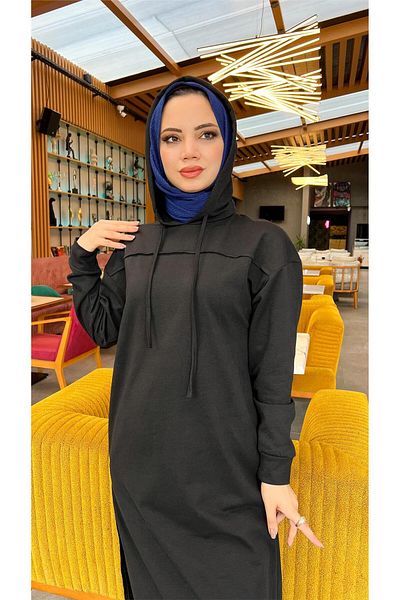 Bwest Long Tunic Hooded Side Slit Double Sports Set - 03034.003 - Black