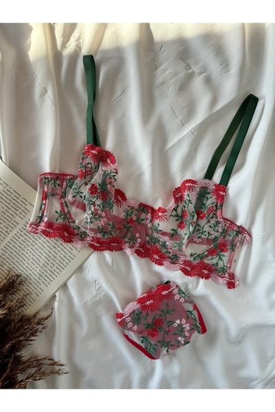 İNKO İÇ GİYİM Floral Underwire Cupless Tulle Bra Set (Bra Thong)