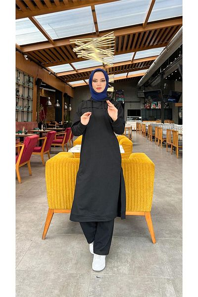 Bwest Long Tunic Hooded Side Slit Double Sports Set - 03034.003 - Black