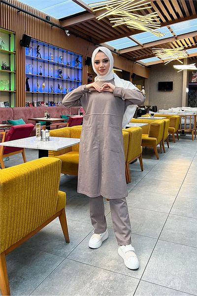 Bwest طقم سترة رياضية طويلة وبنطلون من Sade Basic Mink - جيبين أماميين - 03067.016