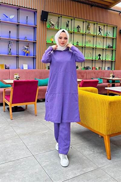 SEVDA Hooded Yandat Snap Fastener Plain Basic Long Tunic and Pants Double Sports Set - 03071.207 - Dark Lilac