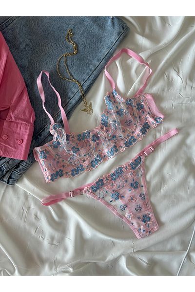 ROZENİN LINGERIE Set sutien cu sârmă, roz, cu flori albastre, fără cupă (SUTIEN TANGA)