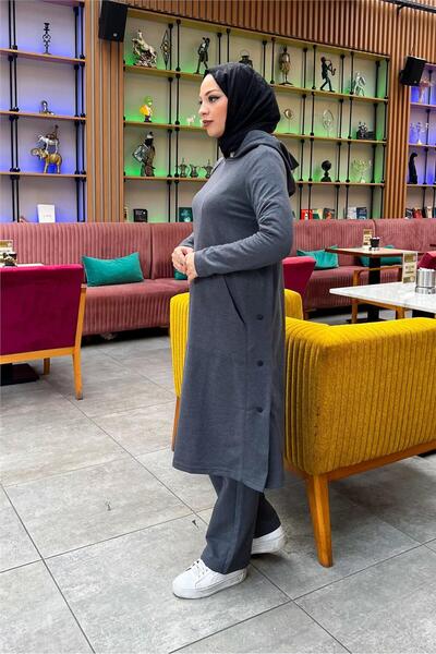 SEVDA Hooded Yandat Snap Fastener Plain Basic Long Tunic and Trousers Double Sports Set - 03071.017 - Anthracite
