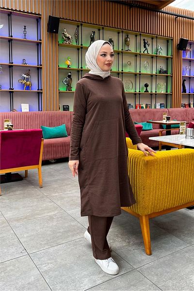 Bwest Hooded Yandat Snap Fastener Plain Basic Long Tunic and Trousers Double Sports Set - 03071.028 - Brown