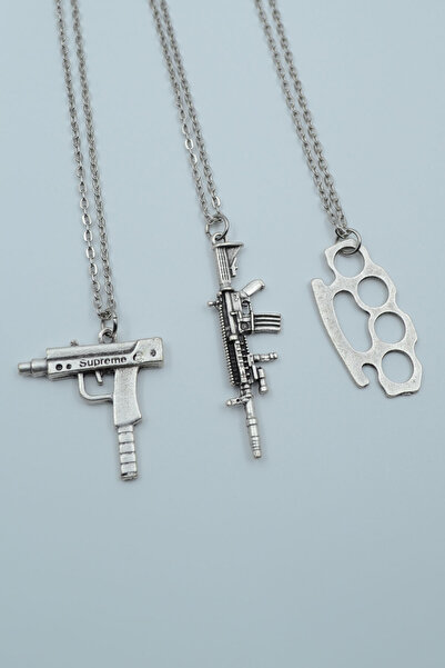 Had Safha 3'lü Yumruk Demiri M4 Makina Uzi Gümüş Kaplama Unisex Düz Zincir Ko...