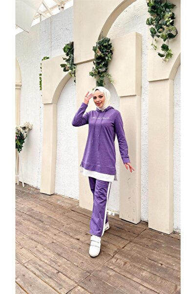 Bwest Yazı Baskılı Garni Detaylı Kapşonlu Kısa Sweat Pantolon İkili Tesettür Eşofman Takımı - 03080.207 -