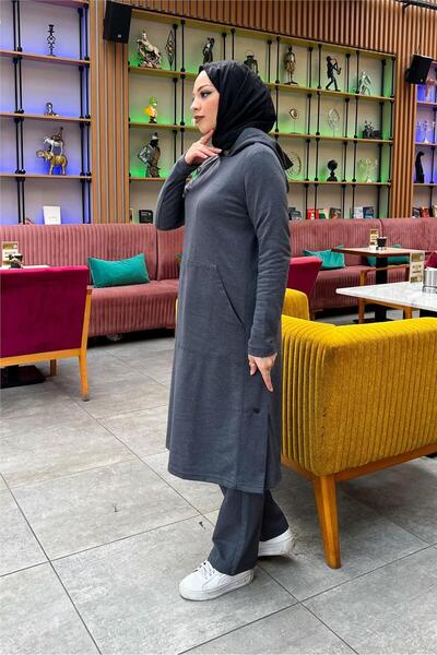 SEVDA Hooded Yandat Snap Fastener Plain Basic Long Tunic and Trousers Double Sports Set - 03071.017 - Anthracite