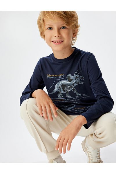 Koton Dinosaur Printed Cotton Long Sleeve T-Shirt - Crew Neck