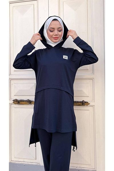 Bwest Hooded Slit Lace Detailed Cotton Hijab Tracksuit Set - 71168.015 - Navy Blue