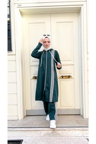 Bwest Long Tunic and Trousers Hijab Tracksuit Set - Zippered and Hooded - 03077.021 - Nefti
