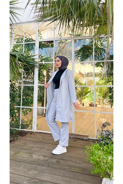 Bwest طقم بدلة رياضية حجاب مع تونيك طويل وبنطلون - بغطاء للرأس وأزرار كبس - رمادي 03078.008