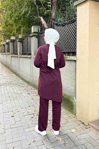 Bwest Double-Breasted Crew Neck Plain Basic Tunic and Pants Two-Piece Set - 03076.020 - Plum