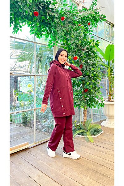 Bwest Kapşonlu Çıtçıt Detaylı Kısa Sweat Pantolon İkili Tesettür Eşofman Takımı - 03079.020 - Mürdüm