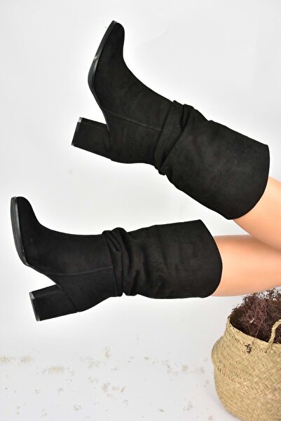 Kocamanlar Ayakkabı Feles Suni Deri Büzgülü Kadın Çizme SİYAH-SÜET