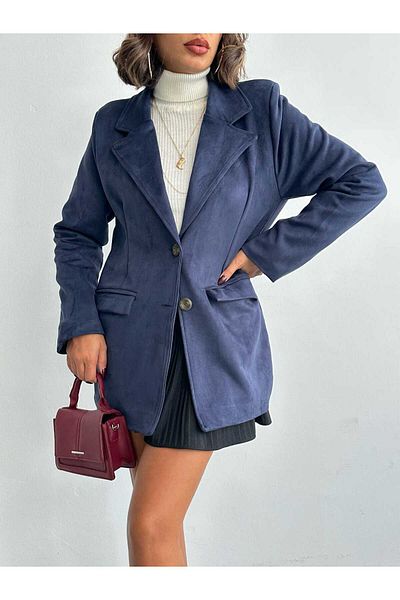 AÈC PRIVÈ Jachetă blazer din piele intoarsa albastru bleumarin de calitate premium sezon nou pentru femei 7777