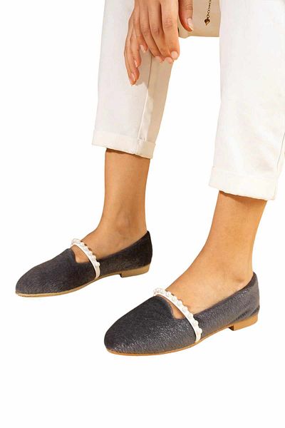 Behtah Kundura Women's Smoked Pearl Detailed Thai Feather Stylish Comfortable Daily Ballerina Shoes Home Shoes