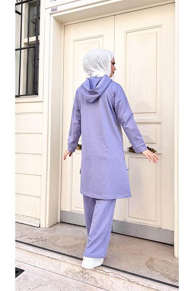 Bwest Cotton Hooded Slit Hijab Tracksuit Set - Lace Detailed, Lilac - 71168.019