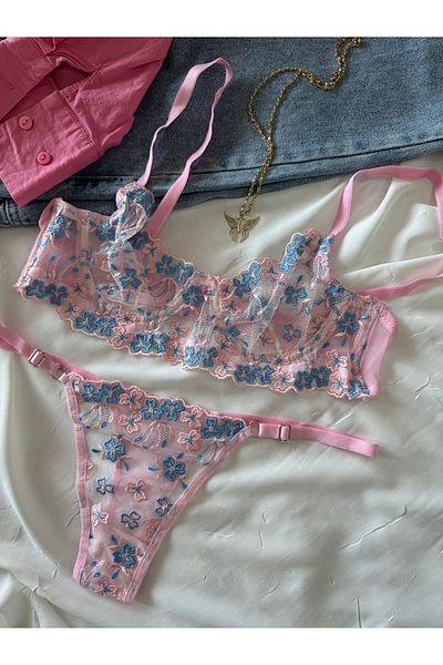 ROZENİN LINGERIE Set sutien cu sârmă, roz, cu flori albastre, fără cupă (SUTIEN TANGA)
