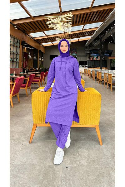 SEVDA Long Tunic Hooded Side Slit Double Sports Set - 03034.207 - Dark Lilac