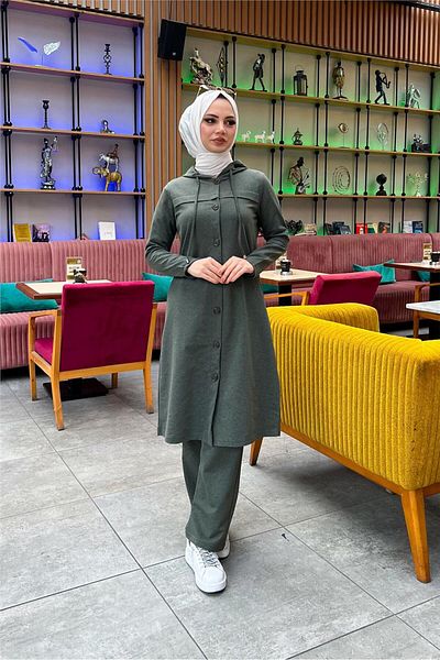 Bwest Hooded Buttoned Simple Basic Long Tunic and Trousers Double Sports Set - 03072.005 - Khaki