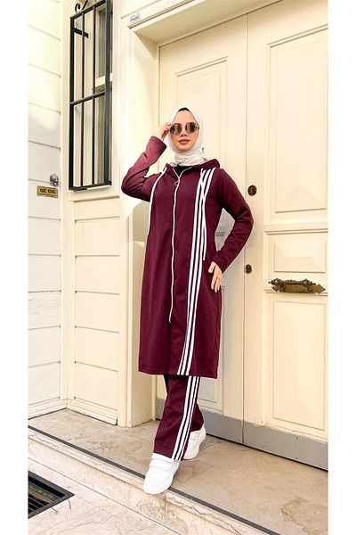 Bwest Zippered Hijab Tracksuit Set with Long Tunic and Trousers - Plum - 03077.020