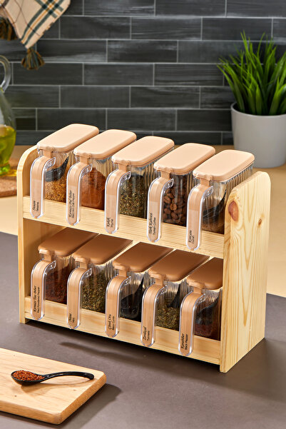 icone life طقم بهارات 10 قطع مع حامل خشبي وغطاء وملعقة (بني)