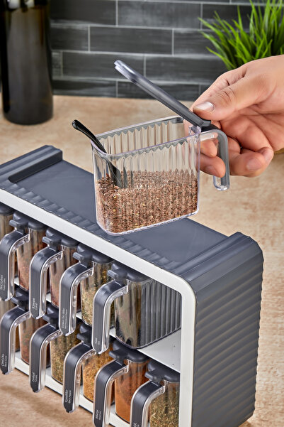 trendy kitchen 12-Piece Spice Rack Set with Stand and Adhesive Lid and Spoon - Anthracite