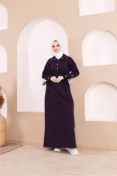 Bwest Μακρύ φόρεμα με λεπτομέρεια με ρίγες με κουμπωτά στη μέση - 71183.013 - Μωβ