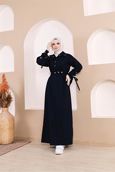 Bwest Μακρύ φόρεμα με λεπτομέρεια με κούμπωμα με κούμπωμα στη μέση - (38-46) - 71183 - Ναυτικό μπλε