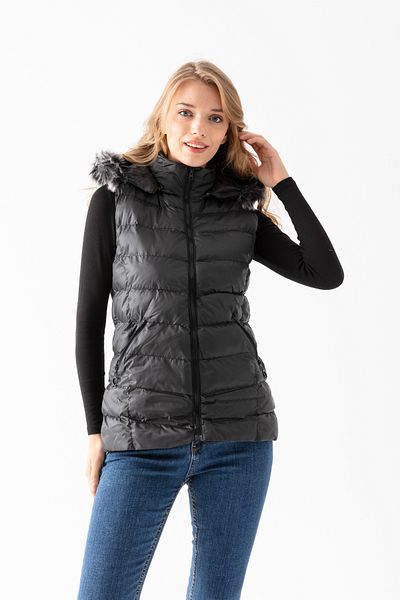 EtkiModa Women's Black Hooded Zippered Puffer Vest