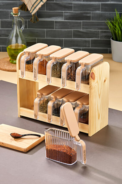 icone life طقم بهارات 10 قطع مع حامل خشبي وغطاء وملعقة (بني)