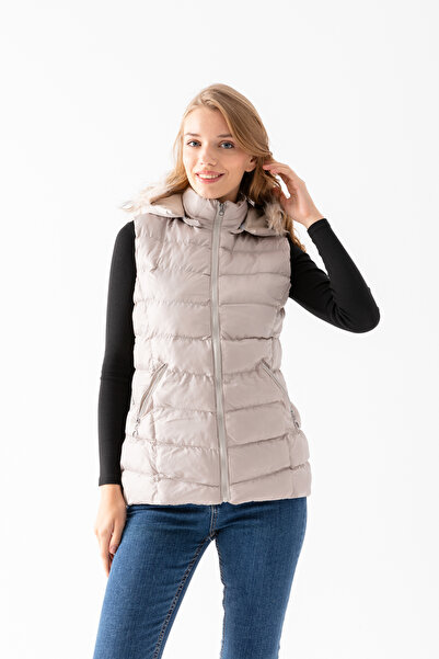 EtkiModa Γυναικείο φανελάκι με κουκούλα σε πέτρα χρώμα με φερμουάρ