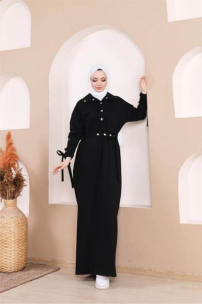 Bwest Waist Tie Snap Sleeve Stripe Detail Long Dress - 71183.003 - Black