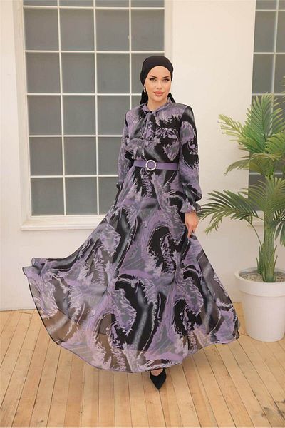 Bwest Black Print Buckle Belt Long Chiffon Dress - 50005.013 - Purple