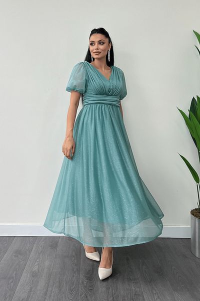 giyimmasalı Tulle Glitter Fabric Gather Detailed Midi Dress - Mint Green